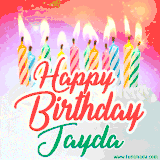 Bright birthday candles with rainbow flames on a cake, alongside the text 'Happy Birthday Jayda' in vibrant script in this celebratory animated GIF.