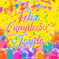 A bright and festive GIF with the text 'Feliz Cumpleaños Jayda' in Spanish in colorful fonts, surrounded by confetti, balloons, and festive banners on a vibrant yellow background.