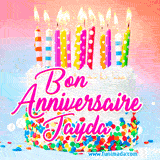 A white birthday cake covered in colorful sprinkles, topped with bright candles, and French text 'Bon Anniversaire Jayda' on a pastel gradient background in an animated GIF.