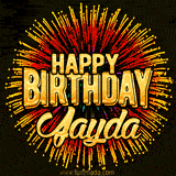 Golden 'Happy Birthday Jayda' text accompanied by animated rainbow fireworks for a festive animated greeting.