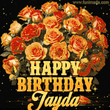 Animated bouquet of orange roses with moving butterfles and golden 'Happy Birthday Jayda' text, surrounded by sparkling accents and a dark backdrop for a luxurious feel.
