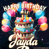 Bright birthday animation for Jayda with a chocolate cake, candles, balloons, and glowing celebratory lights.