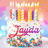 A cheerful white birthday cake with multicolor sprinkles, lit candles, and 'Jayda' written in vibrant letters, in an animated GIF.