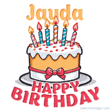 Cartoon birthday cake with a red bow, glowing candles, and 'Jayda Happy Birthday' text in bold animated style.