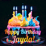 A mesmerizing animated cake with multicolor frosting and candles, and the words 'Happy Birthday Jayda' on the black background.