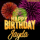 A golden 'Happy Birthday Jayda' message with vibrant fireworks in the background, creating a festive and celebratory vibe in this animated name GIF.