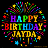 Personalized greeting card with name, colorful text that says 'Happy Birthday Jayda' surrounded by animated fireworks and multicolor stars