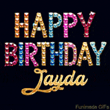 Vibrant luxury birthday greeting card for Jayda, showing glittering gemstone letters and golden calligraphy on a dark background with twinkling shine effects.