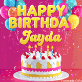 Pink-themed animated greeting with balloons, confetti, and a frosted cake under the message 'Happy Birthday Jayda' in bold rounded yellow font.