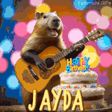 Animated birthday GIF showing a capybara playing guitar and singing beside a birthday cake with the name Jayda in large letters and colorful bokeh lights in the background.