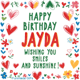 A colorful animated card for Jayda’s birthday featuring playful hearts, cheerful flowers, and a handwritten message wishing smiles and sunshine.