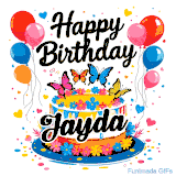 An animated birthday card for Jayda. It features a festive cake with her name, 'Jayda', and colorful butterflies. Floating balloons and hearts complete the joyful scene.