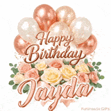 Happy Birthday Jayda animated GIF with elegant rose gold balloons and pink roses