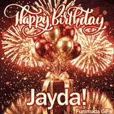 Happy Birthday Jayda animated GIF displaying a red gift box with a golden ribbon and shiny metallic balloons.
