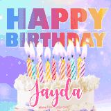 A vibrant animated name GIF with the words 'Happy Birthday Jayda' with colorful candles on a creamy cake. The background sparkles with pastel shades, adding a festive touch.