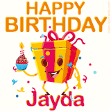 A vibrant and funny gift box character with a happy face dancing with a cupcake and the text 'Happy Birthday Jayda,' surrounded by animated confetti and party vibes.