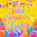 A bright and festive GIF with the text 'Feliz Cumpleaños Jaydah' in Spanish in colorful fonts, surrounded by confetti, balloons, and festive banners on a vibrant yellow background.