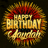 Golden 'Happy Birthday Jaydah' text accompanied by animated rainbow fireworks for a festive animated greeting.