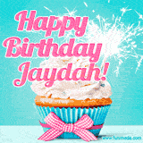 A festive cupcake with pink icing, a gingham bow, and a lit animated sparkler, paired with 'Happy Birthday Jaydah!' in bright pink text.