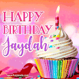 A vibrant birthday GIF featuring a rainbow-colored cupcake topped with white frosting, sprinkles, and a lit candle. The text reads 'Happy Birthday Jaydah' in bold pink and violet letters with white outline.