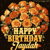 Animated bouquet of orange roses with moving butterfles and golden 'Happy Birthday Jaydah' text, surrounded by sparkling accents and a dark backdrop for a luxurious feel.
