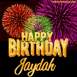 A golden 'Happy Birthday Jaydah' message with vibrant fireworks in the background, creating a festive and celebratory vibe in this animated name GIF.