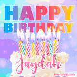 A vibrant animated name GIF with the words 'Happy Birthday Jaydah' with colorful candles on a creamy cake. The background sparkles with pastel shades, adding a festive touch.