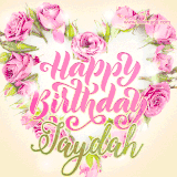 A stunning heart made of pink roses surrounds the elegant script text 'Happy Birthday Jaydah' on a soft beige background. Animated sparkles add a magical and festive feel.