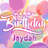A vibrant name GIF featuring colorful balloons in shades of pink, orange, and yellow with the bold text 'Happy Birthday Jaydah' in festive fonts, creating a lively birthday vibe.