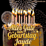 A chocolate birthday cake with glowing candles, the German text 'Alles Gute zum Geburtstag Jayde,' and vibrant fireworks lighting up the background in an animated GIF.