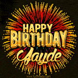 Golden 'Happy Birthday Jayde' text accompanied by animated rainbow fireworks for a festive animated greeting.