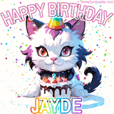 Adorable party-themed animated cat next to a lit birthday cake with text that says 'Happy Birthday Jayde,' surrounded by colorful decorations and sparkles.
