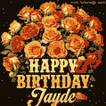 Beautiful bouquet of orange and red roses for Jayde, golden inscription and twinkling stars