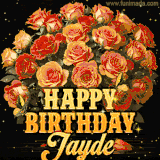 Animated bouquet of orange roses with moving butterfles and golden 'Happy Birthday Jayde' text, surrounded by sparkling accents and a dark backdrop for a luxurious feel.