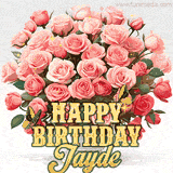 Golden 'Happy Birthday Jayde' text beneath a vibrant bouquet of orange roses, complete with glittering butterflies and sparkling details.
