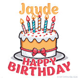 Cartoon birthday cake with a red bow, glowing candles, and 'Jayde Happy Birthday' text in bold animated style.