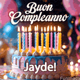 Birthday cake topped with pink and yellow lit candles, surrounded by glowing bokeh lights and party balloons. The greeting 'Buon Compleanno Jayde GIF!' is displayed.