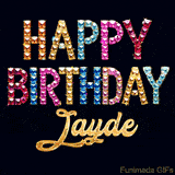 Vibrant luxury birthday greeting card for Jayde, showing glittering gemstone letters and golden calligraphy on a dark background with twinkling shine effects.