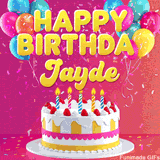 Pink-themed animated greeting with balloons, confetti, and a frosted cake under the message 'Happy Birthday Jayde' in bold rounded yellow font.