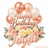 Rose gold balloons and beautiful flowers wishing Happy Birthday to Jayde