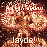 A luxury red present tied with a golden bow and topped with gold and burgundy balloons, personalized with the name Jayde