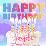 A vibrant animated name GIF with the words 'Happy Birthday Jayde' with colorful candles on a creamy cake. The background sparkles with pastel shades, adding a festive touch.
