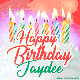 Bright birthday candles with rainbow flames on a cake, alongside the text 'Happy Birthday Jaydee' in vibrant script in this celebratory animated GIF.