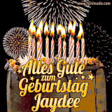 A chocolate birthday cake with glowing candles, the German text 'Alles Gute zum Geburtstag Jaydee,' and vibrant fireworks lighting up the background in an animated GIF.