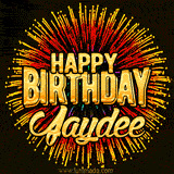 Golden 'Happy Birthday Jaydee' text accompanied by animated rainbow fireworks for a festive animated greeting.