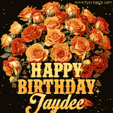 Animated bouquet of orange roses with moving butterfles and golden 'Happy Birthday Jaydee' text, surrounded by sparkling accents and a dark backdrop for a luxurious feel.