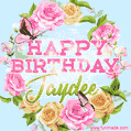 A charming animated GIF featuring 'Happy Birthday Jaydee' in pink and green text, surrounded by delicate roses, leaves, and fluttering butterflies on a soft light blue pastel background.
