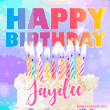 A vibrant animated name GIF with the words 'Happy Birthday Jaydee' with colorful candles on a creamy cake. The background sparkles with pastel shades, adding a festive touch.