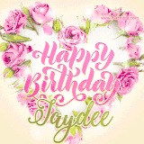 A stunning heart made of pink roses surrounds the elegant script text 'Happy Birthday Jaydee' on a soft beige background. Animated sparkles add a magical and festive feel.