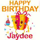 A vibrant and funny gift box character with a happy face dancing with a cupcake and the text 'Happy Birthday Jaydee,' surrounded by animated confetti and party vibes.